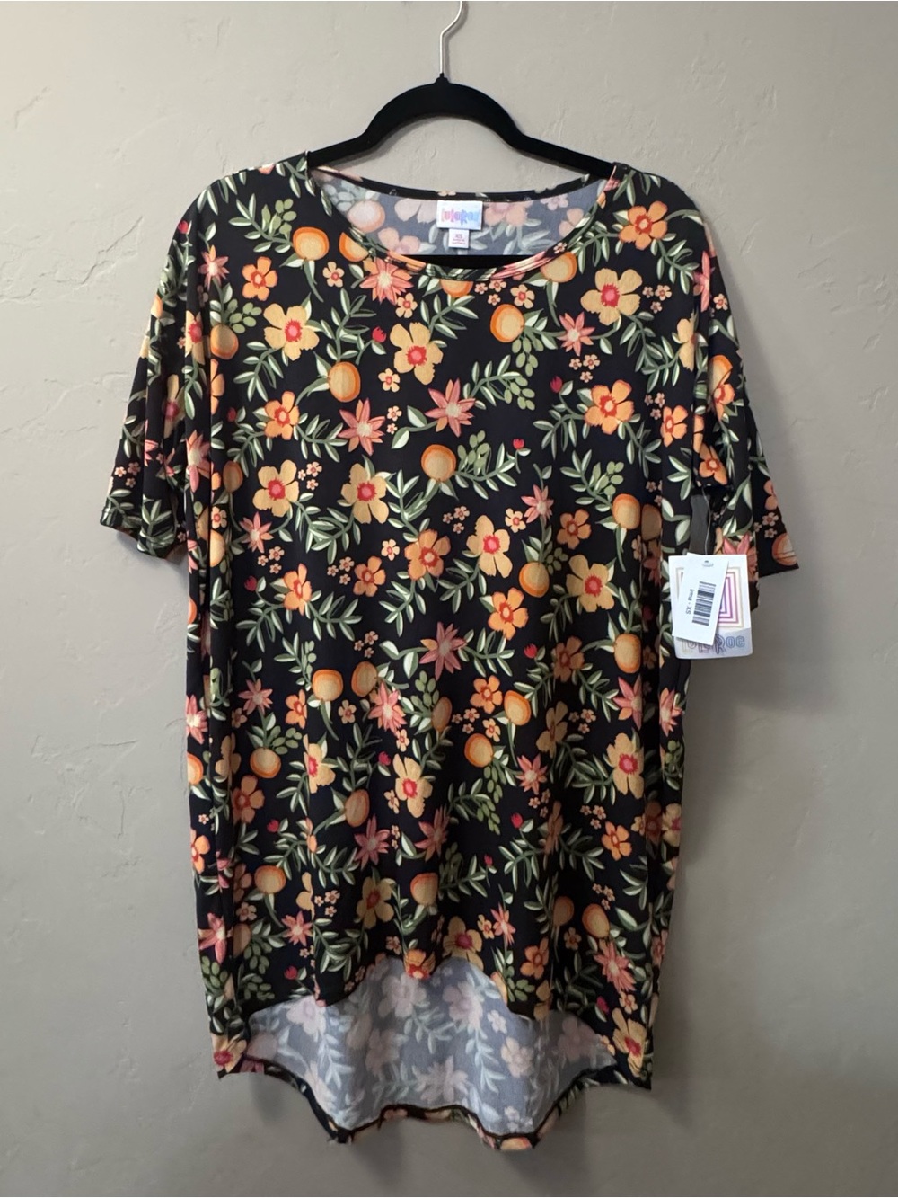 LuLaRoe Black Floral Tunic with Orange and Green Print